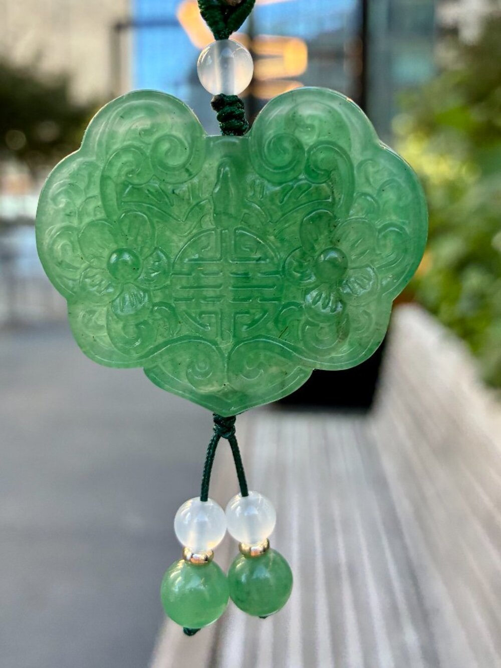 Green Ruyi Flora Lock Pendant Rope Necklace - Aventurine